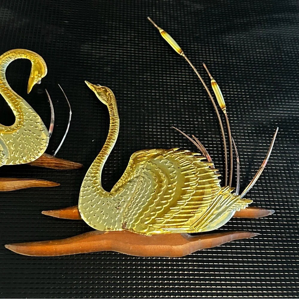 Vintage Home Interior Mid Century Modern Brass Tone Tin Wood Swan Cattail Set